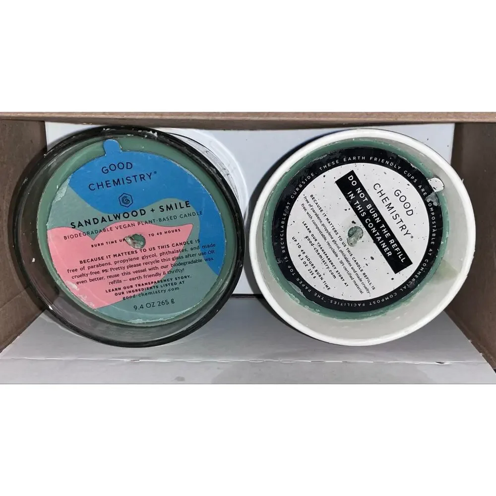 NIB! Good ChemistrySandalwood + Smile Biodegradable Candle + Candle Refill